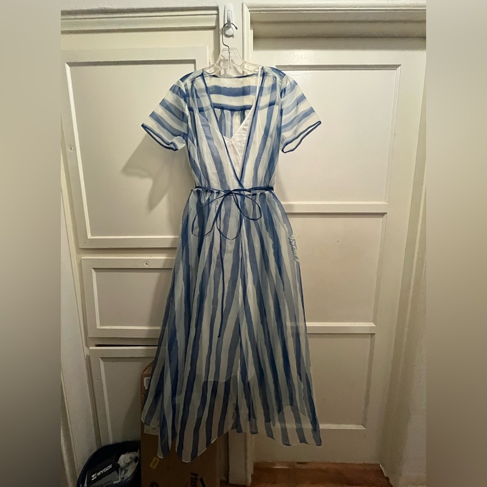 STAUD Blue and White Striped Sheer Midi Dress NWT - Picture 16 of 16